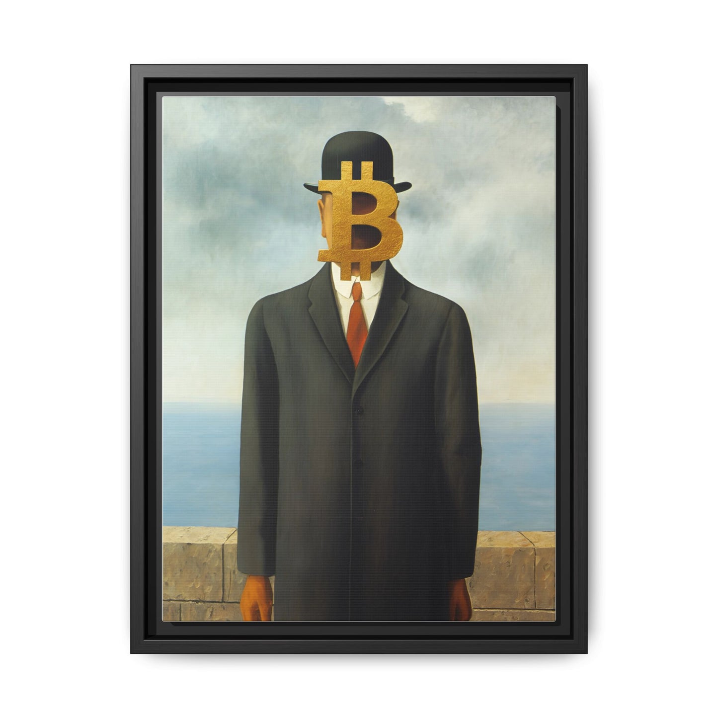 Bitcoin Surrealism Matte Framed Canvas Print — Man in Bowler with BTC Mask