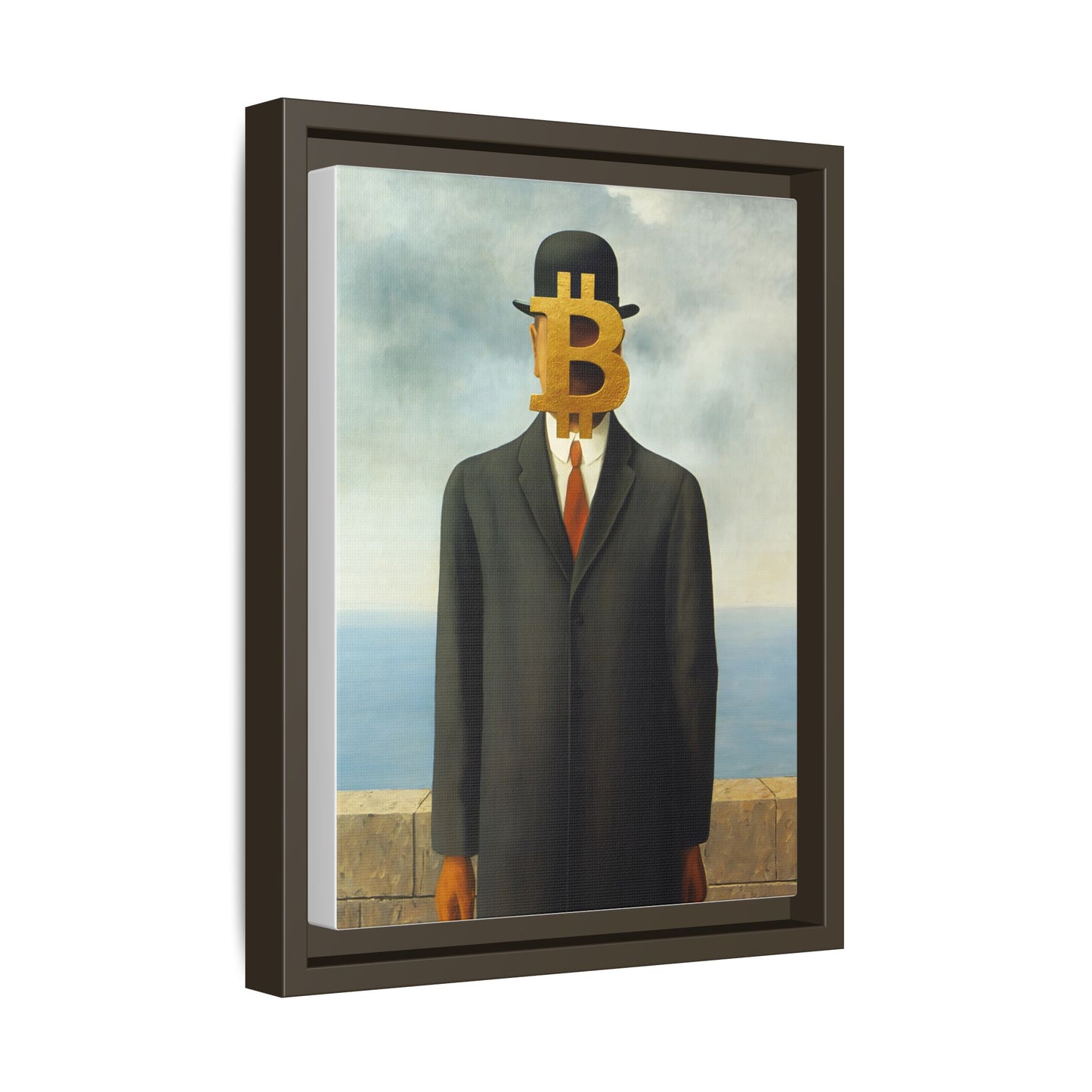 Bitcoin Surrealism Matte Framed Canvas Print — Man in Bowler with BTC Mask