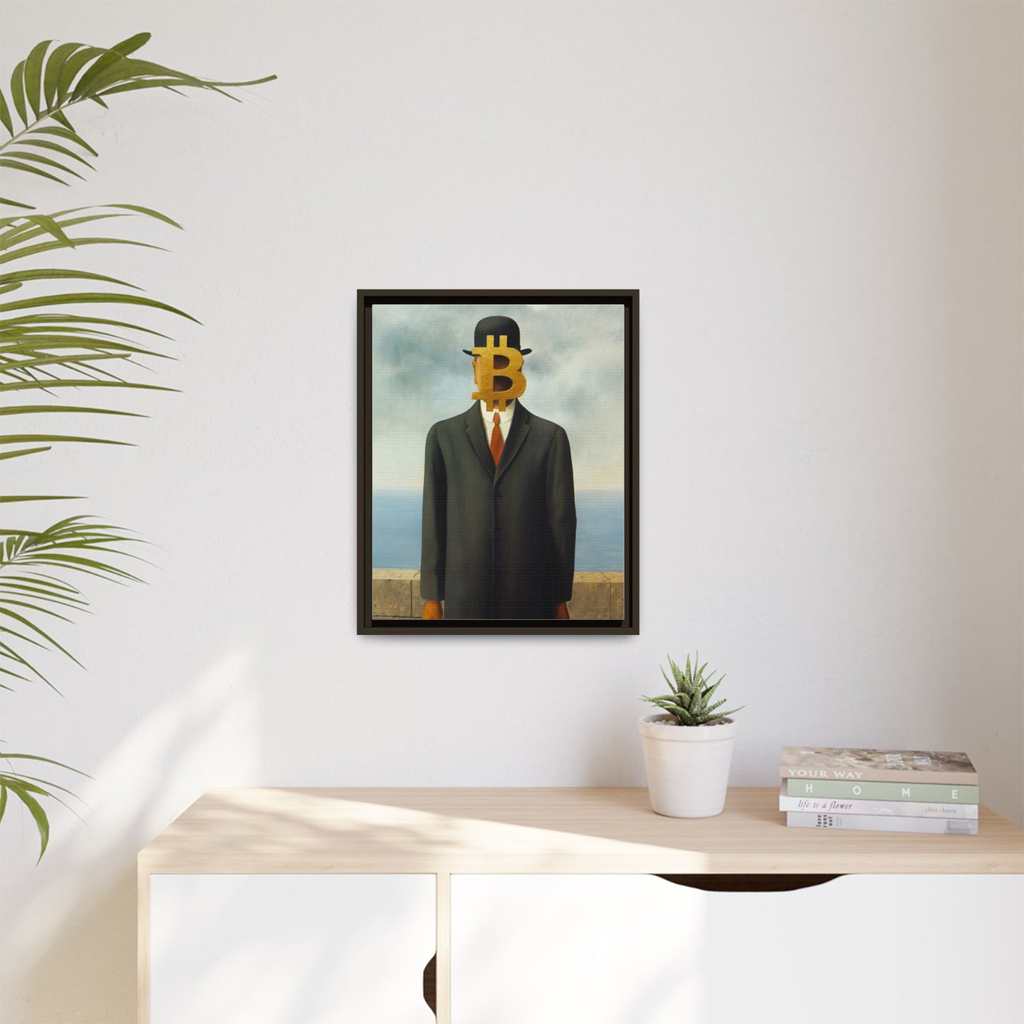 Bitcoin Surrealism Matte Framed Canvas Print — Man in Bowler with BTC Mask