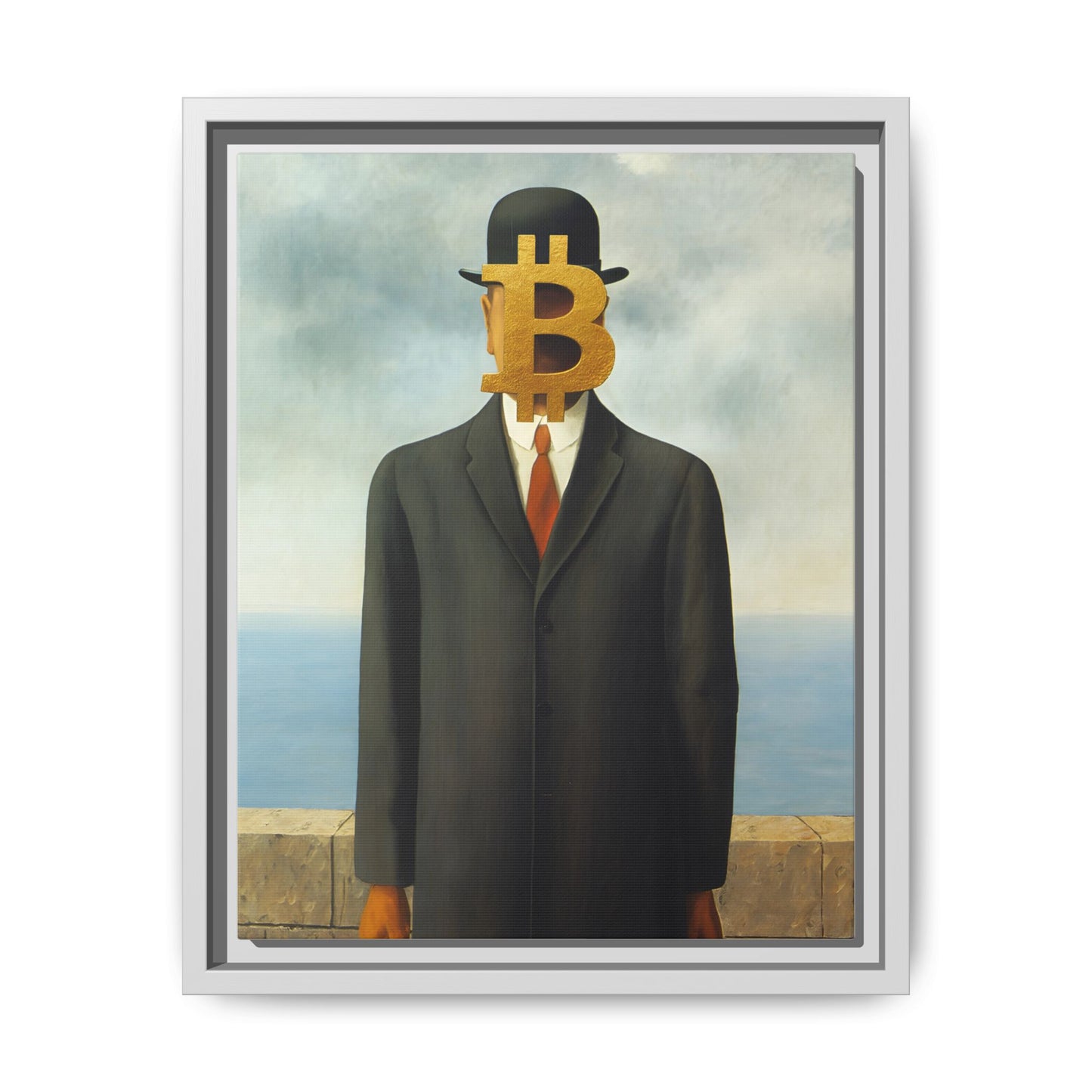 Bitcoin Surrealism Matte Framed Canvas Print — Man in Bowler with BTC Mask