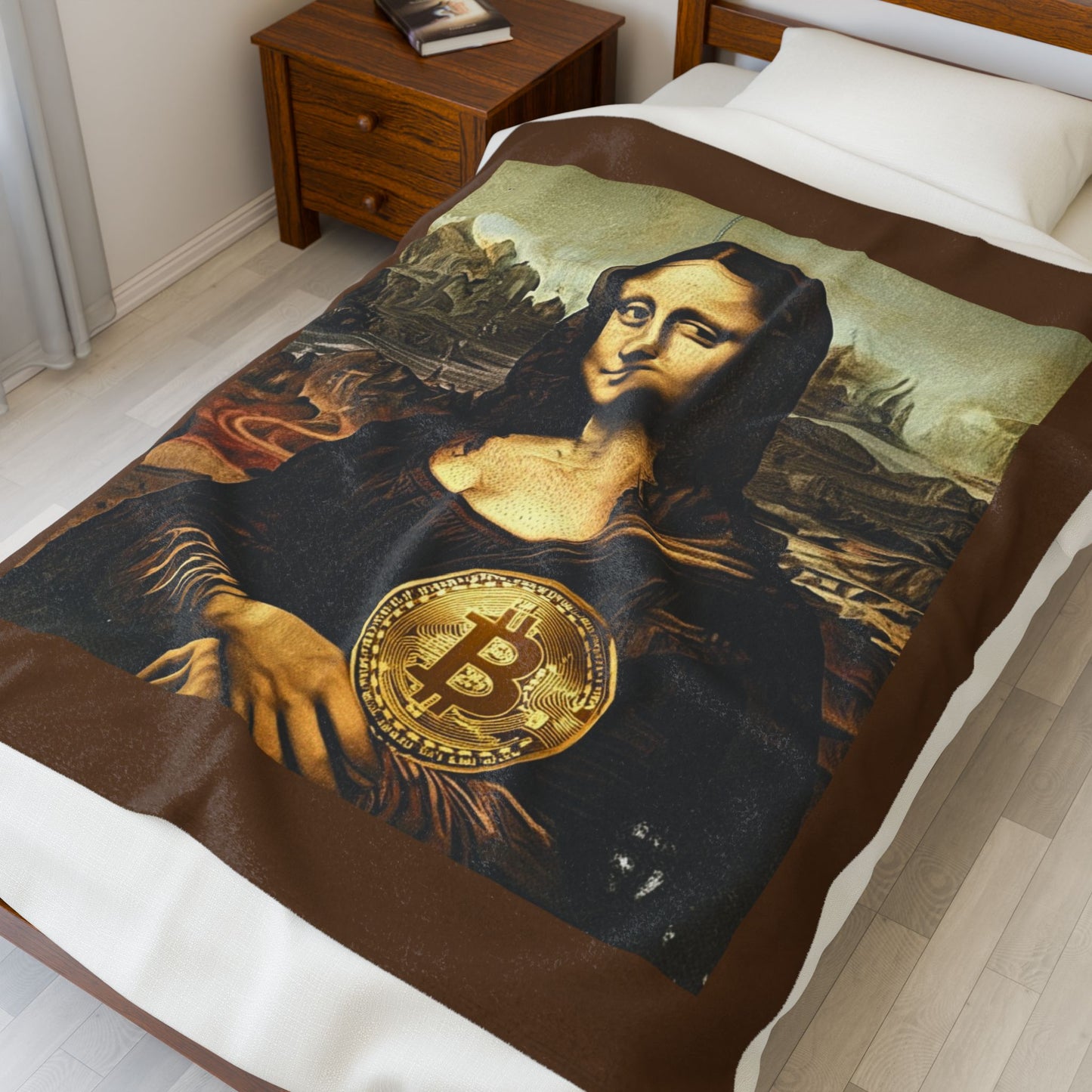 Mona Lisa Bitcoin Velveteen Plush Blanket – Crypto Art Throw