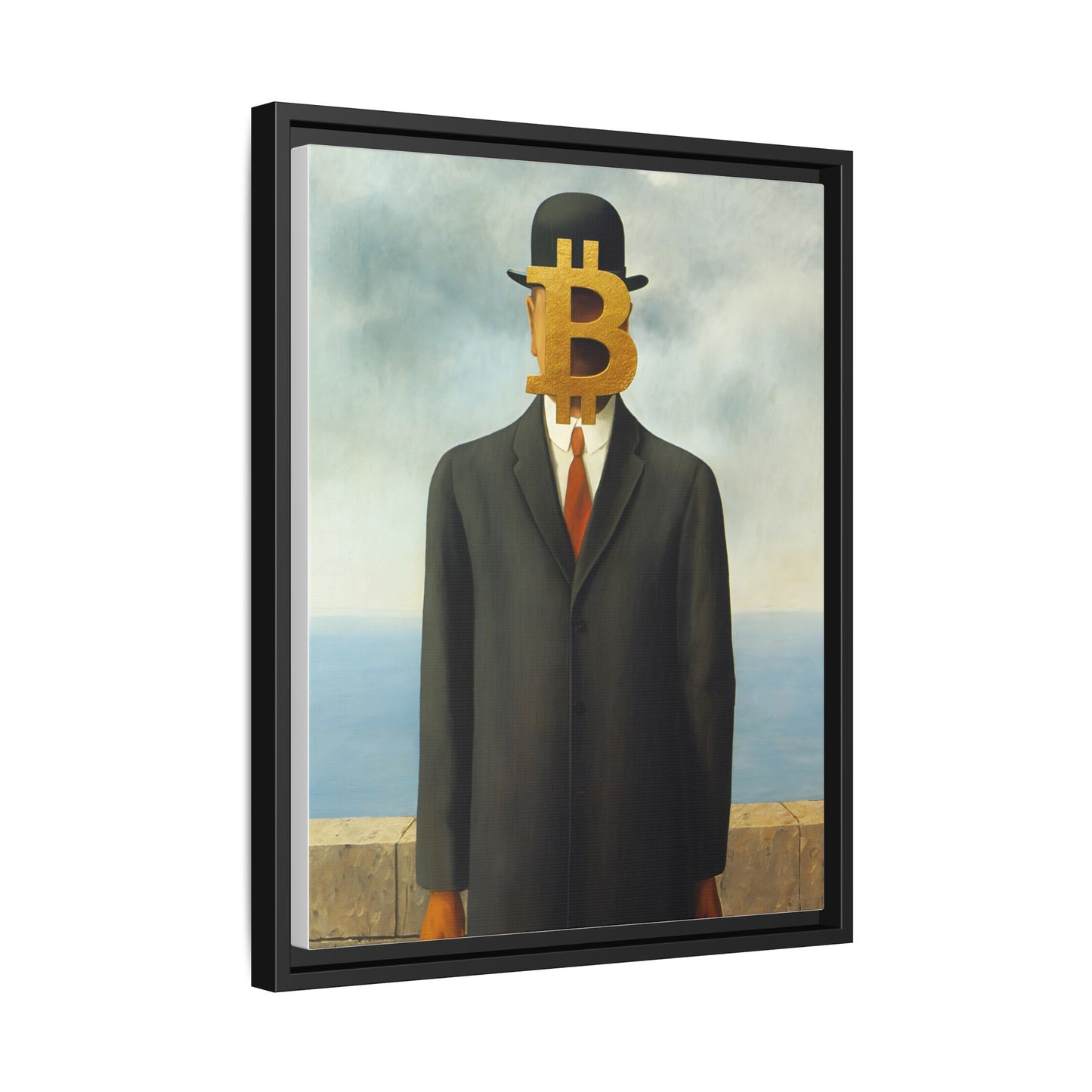 Bitcoin Surrealism Matte Framed Canvas Print — Man in Bowler with BTC Mask