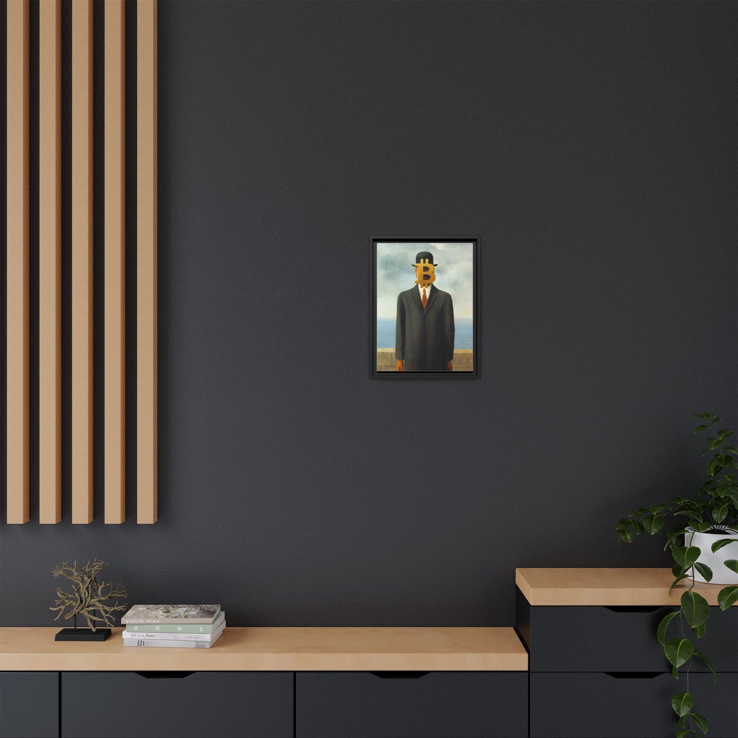 Bitcoin Surrealism Matte Framed Canvas Print — Man in Bowler with BTC Mask