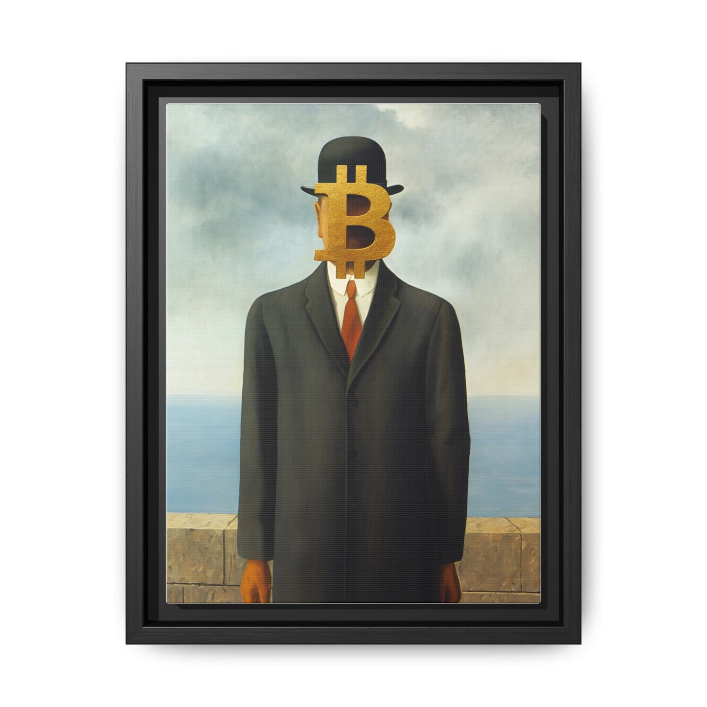 Bitcoin Surrealism Matte Framed Canvas Print — Man in Bowler with BTC Mask