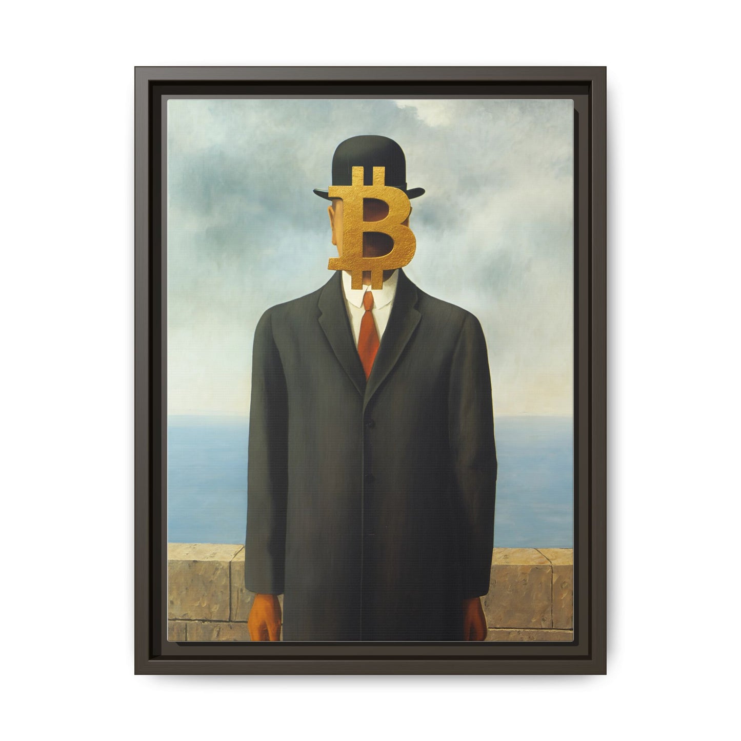 Bitcoin Surrealism Matte Framed Canvas Print — Man in Bowler with BTC Mask