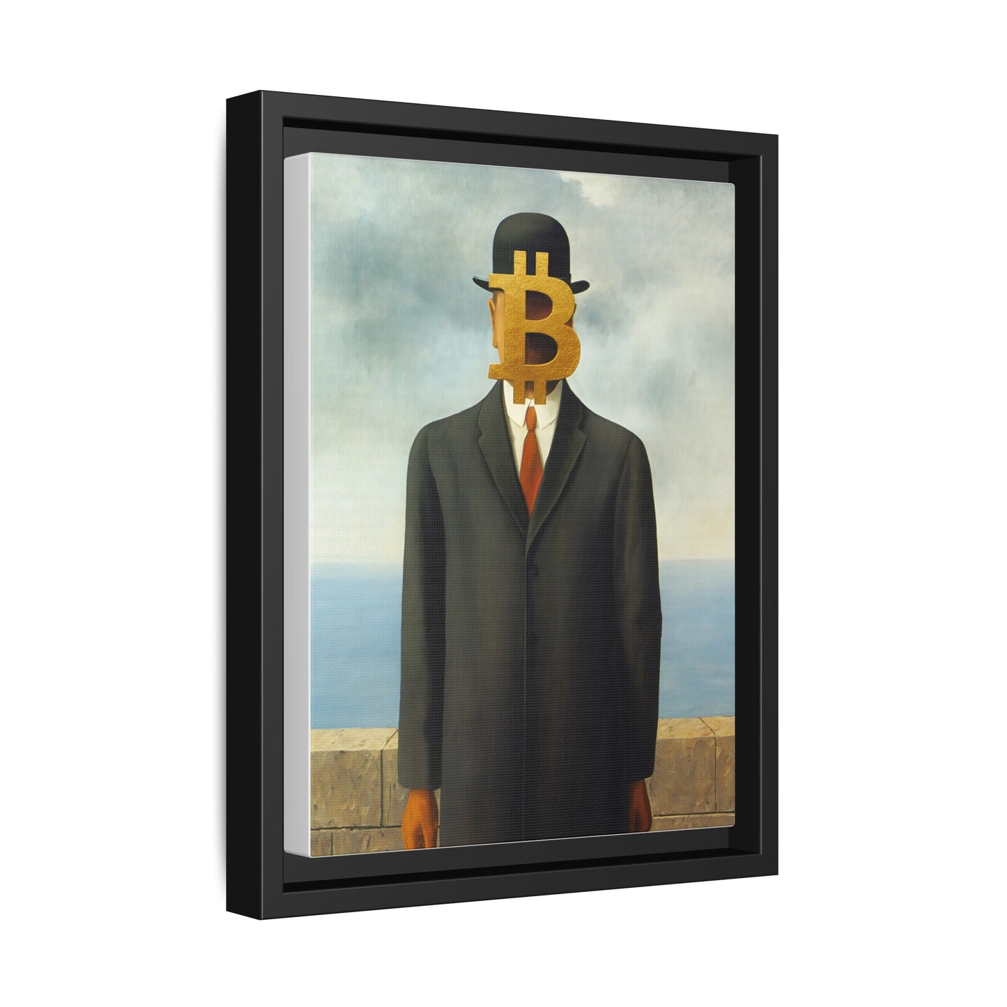 Bitcoin Surrealism Matte Framed Canvas Print — Man in Bowler with BTC Mask