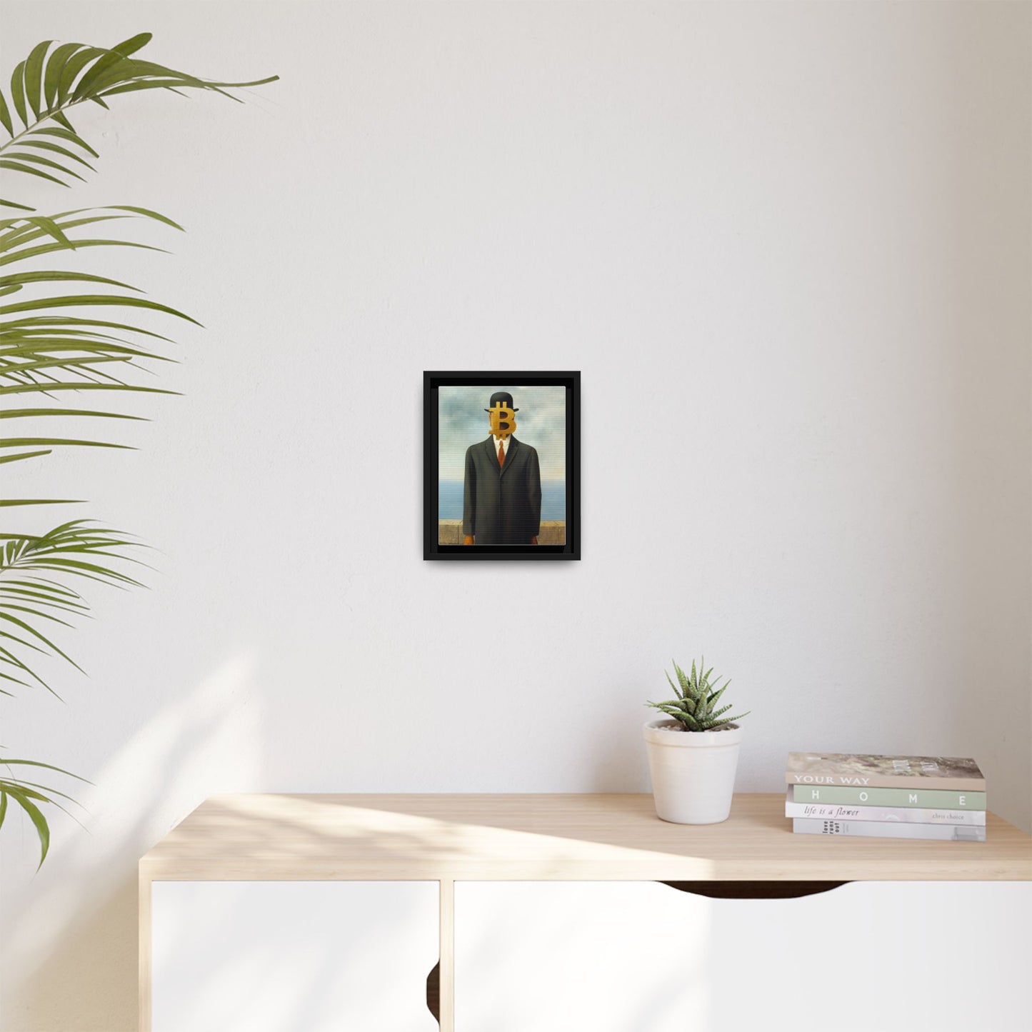 Bitcoin Surrealism Matte Framed Canvas Print — Man in Bowler with BTC Mask