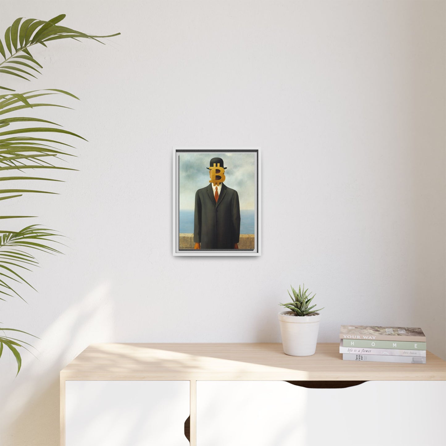 Bitcoin Surrealism Matte Framed Canvas Print — Man in Bowler with BTC Mask