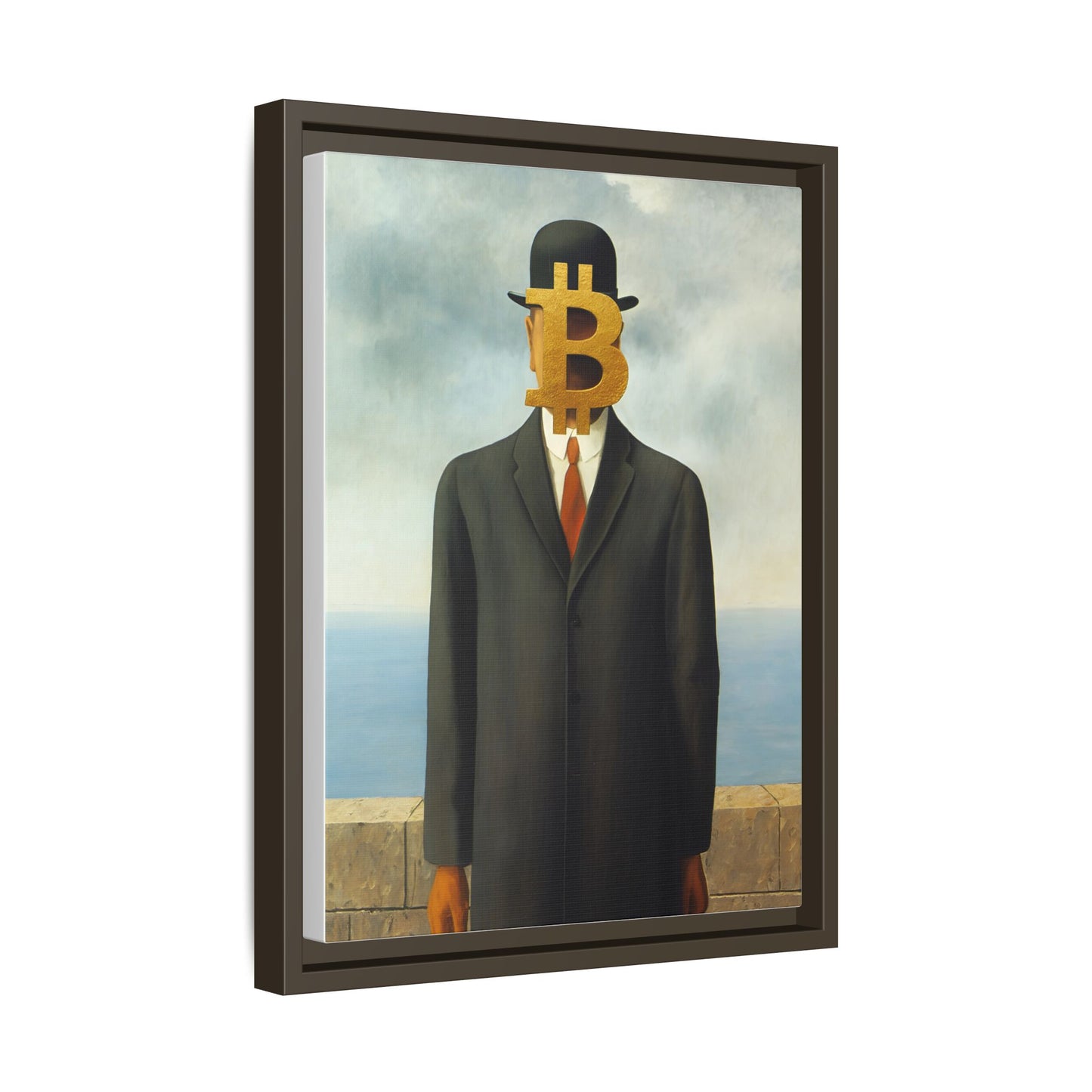 Bitcoin Surrealism Matte Framed Canvas Print — Man in Bowler with BTC Mask
