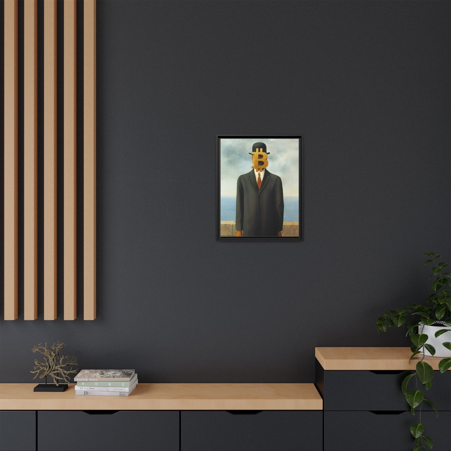 Bitcoin Surrealism Matte Framed Canvas Print — Man in Bowler with BTC Mask