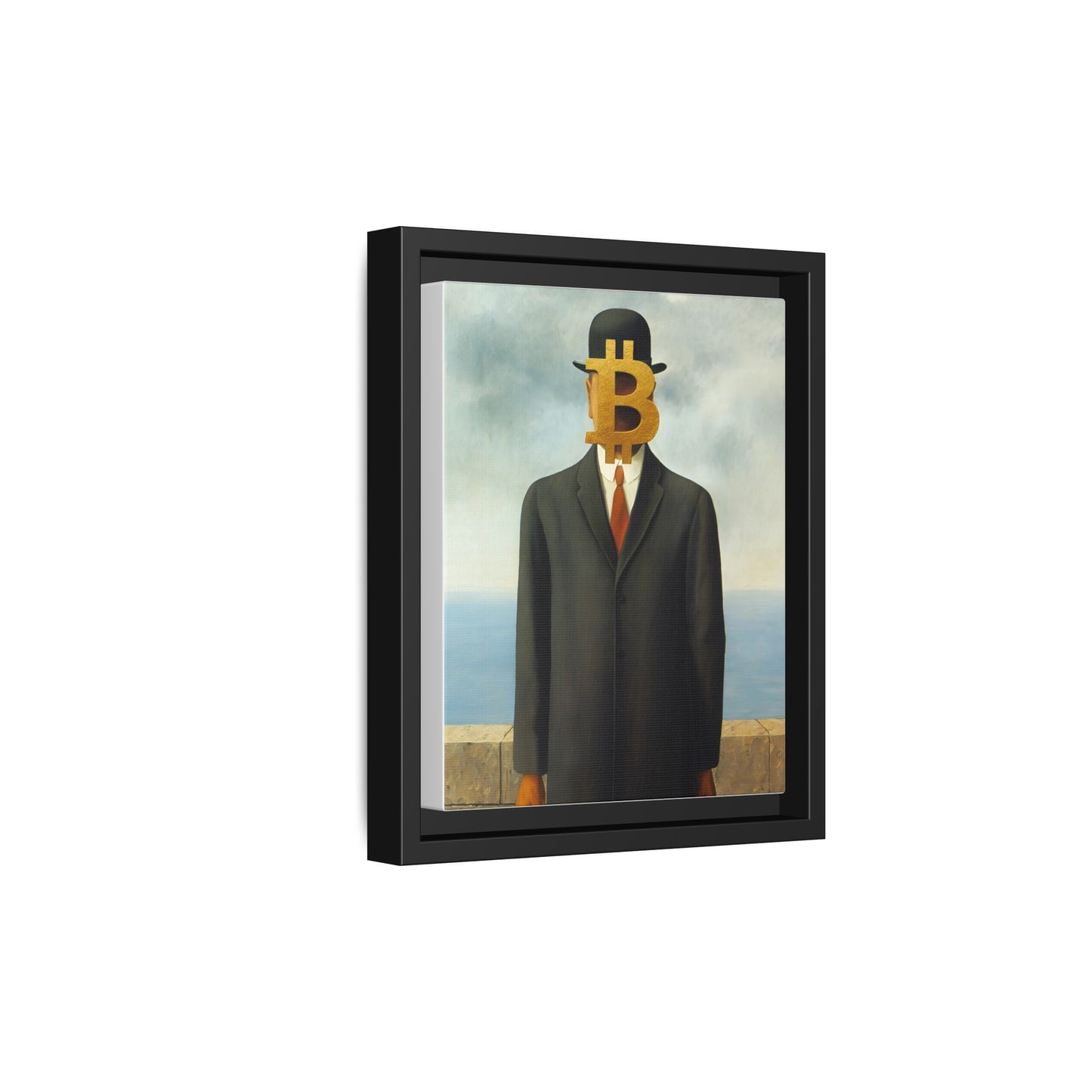 Bitcoin Surrealism Matte Framed Canvas Print — Man in Bowler with BTC Mask