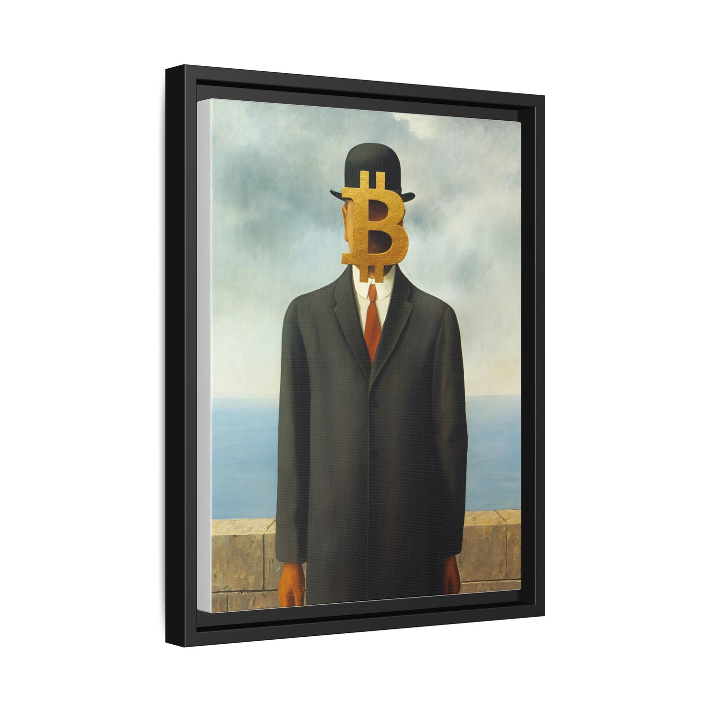 Bitcoin Surrealism Matte Framed Canvas Print — Man in Bowler with BTC Mask