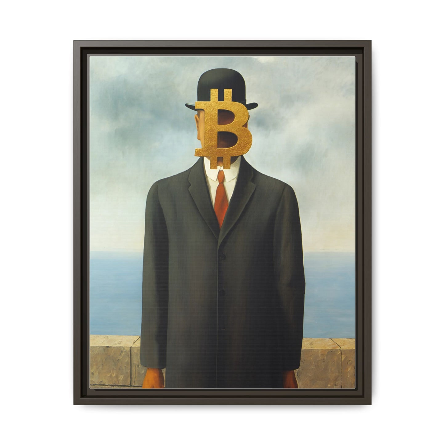 Bitcoin Surrealism Matte Framed Canvas Print — Man in Bowler with BTC Mask