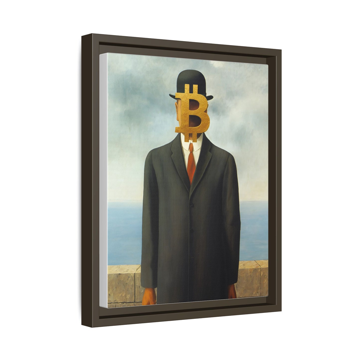 Bitcoin Surrealism Matte Framed Canvas Print — Man in Bowler with BTC Mask