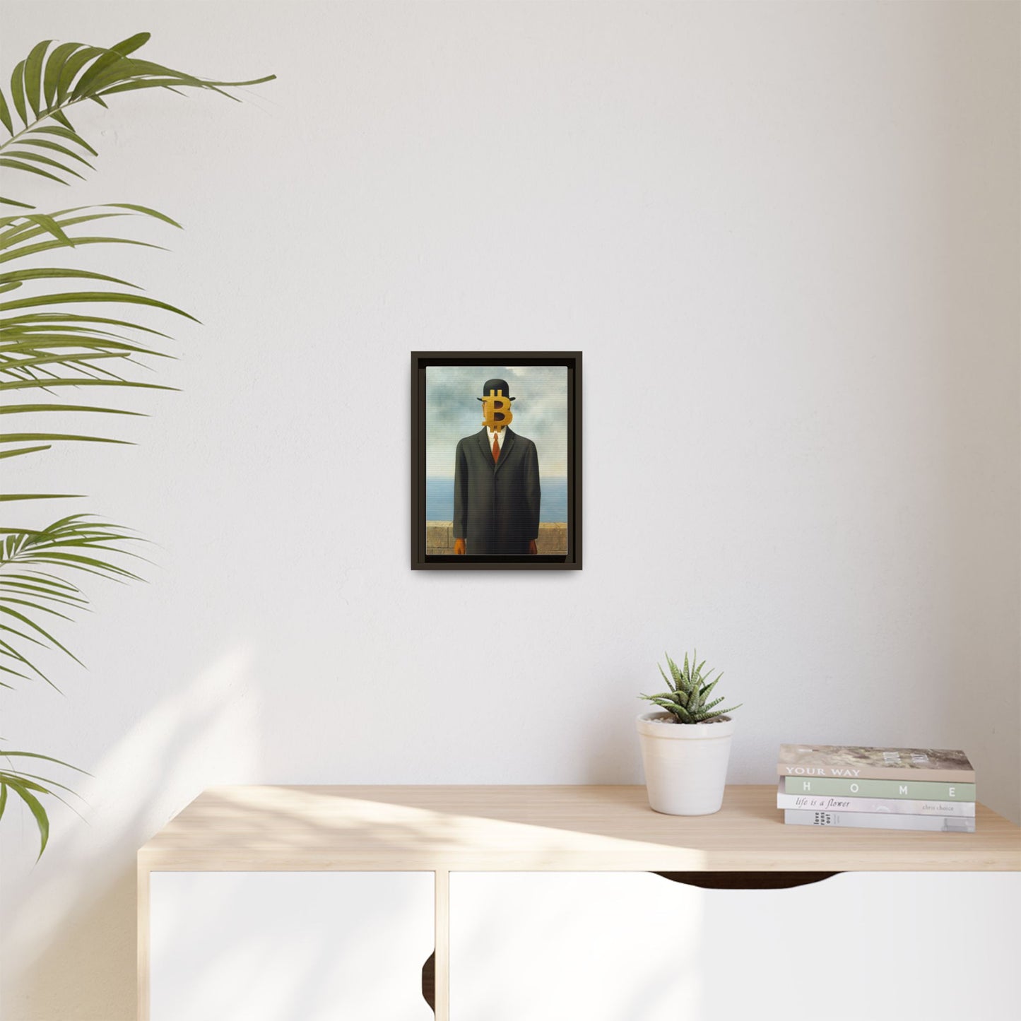 Bitcoin Surrealism Matte Framed Canvas Print — Man in Bowler with BTC Mask