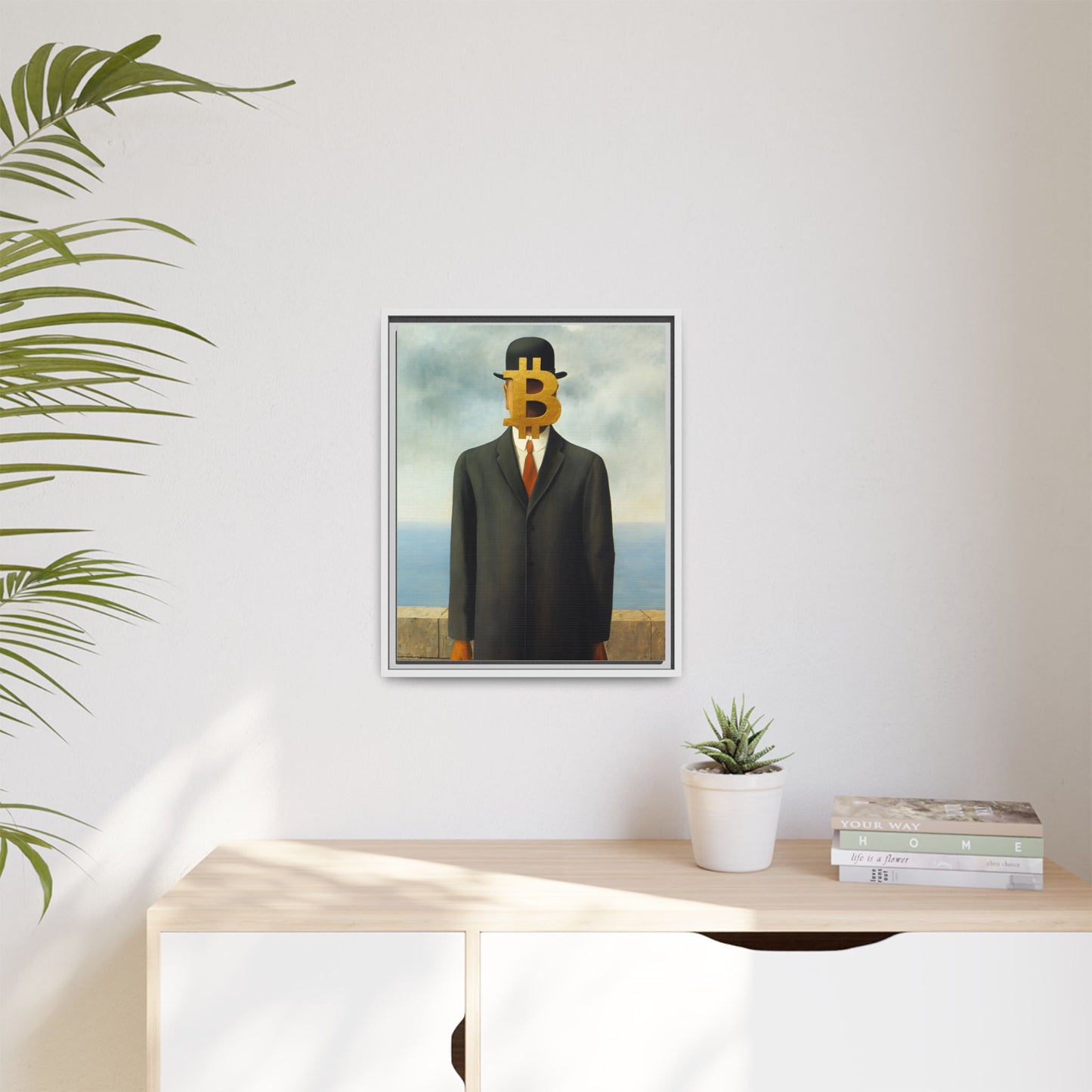 Bitcoin Surrealism Matte Framed Canvas Print — Man in Bowler with BTC Mask