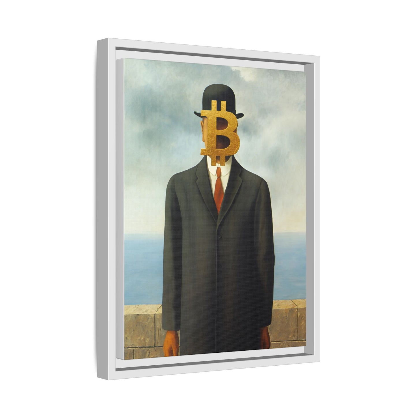 Bitcoin Surrealism Matte Framed Canvas Print — Man in Bowler with BTC Mask