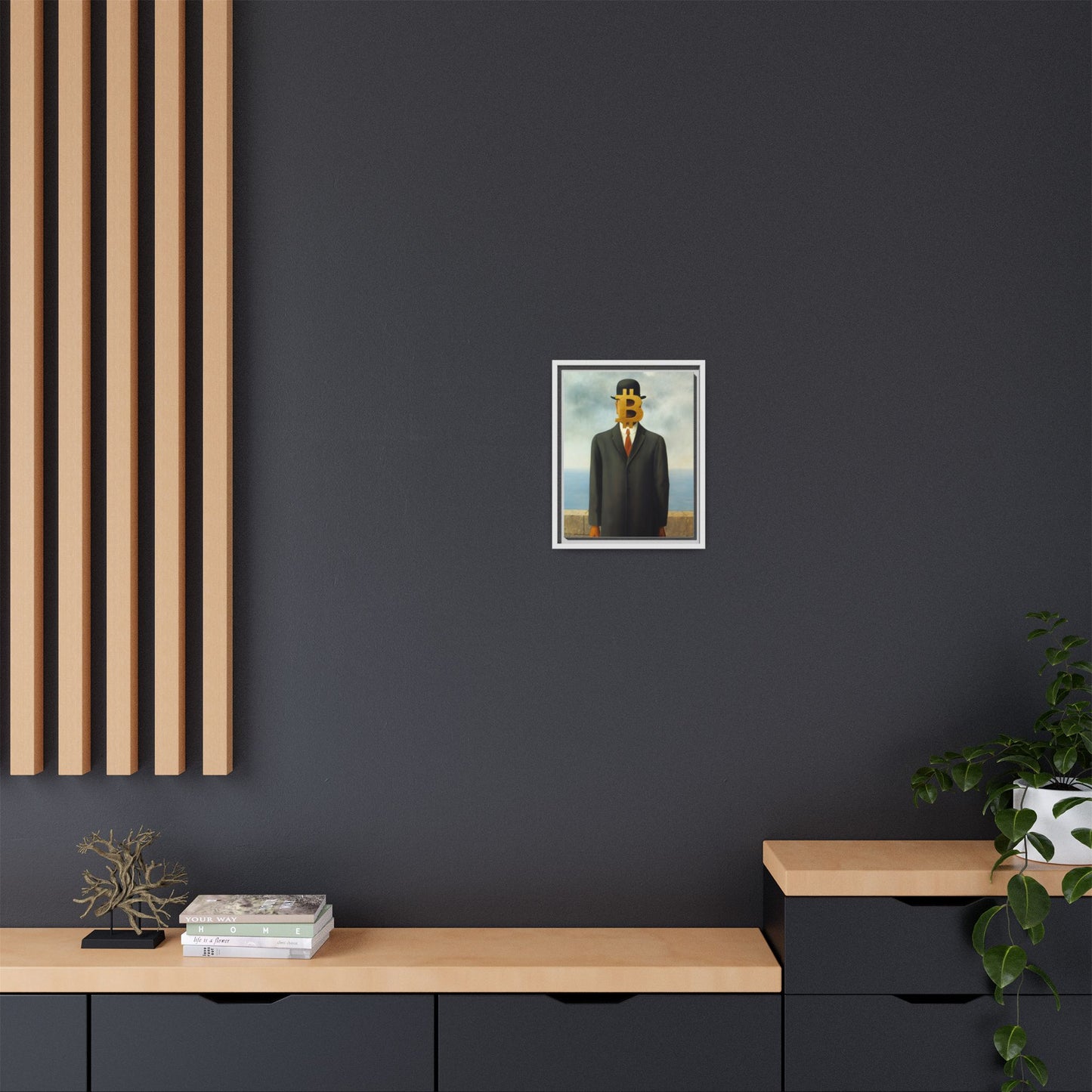 Bitcoin Surrealism Matte Framed Canvas Print — Man in Bowler with BTC Mask