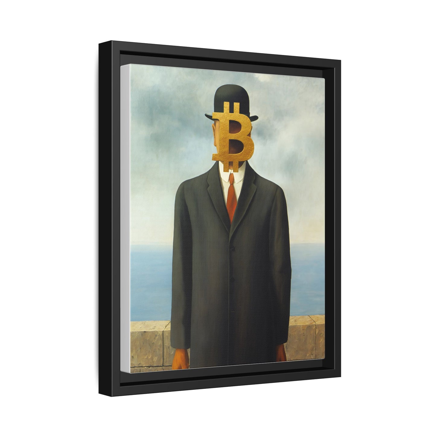 Bitcoin Surrealism Matte Framed Canvas Print — Man in Bowler with BTC Mask
