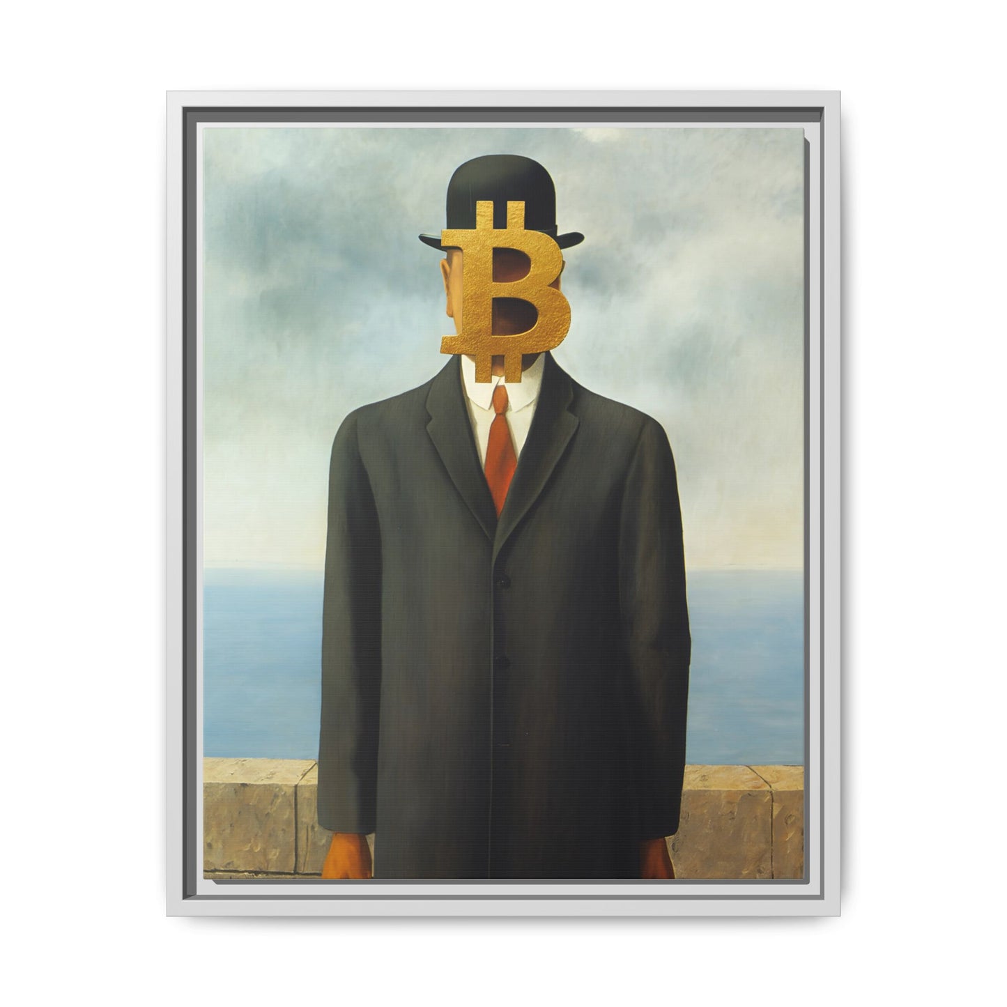 Bitcoin Surrealism Matte Framed Canvas Print — Man in Bowler with BTC Mask