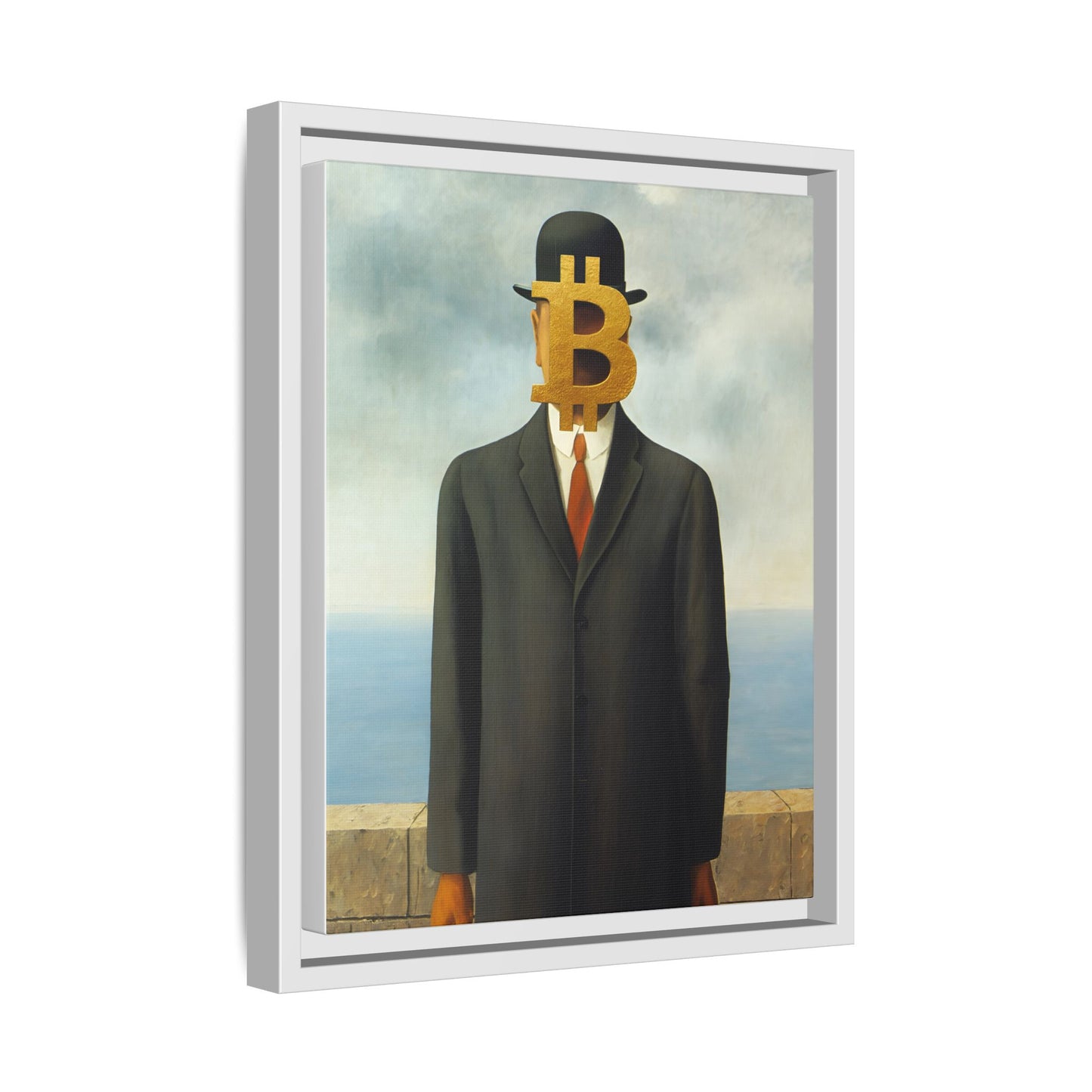 Bitcoin Surrealism Matte Framed Canvas Print — Man in Bowler with BTC Mask