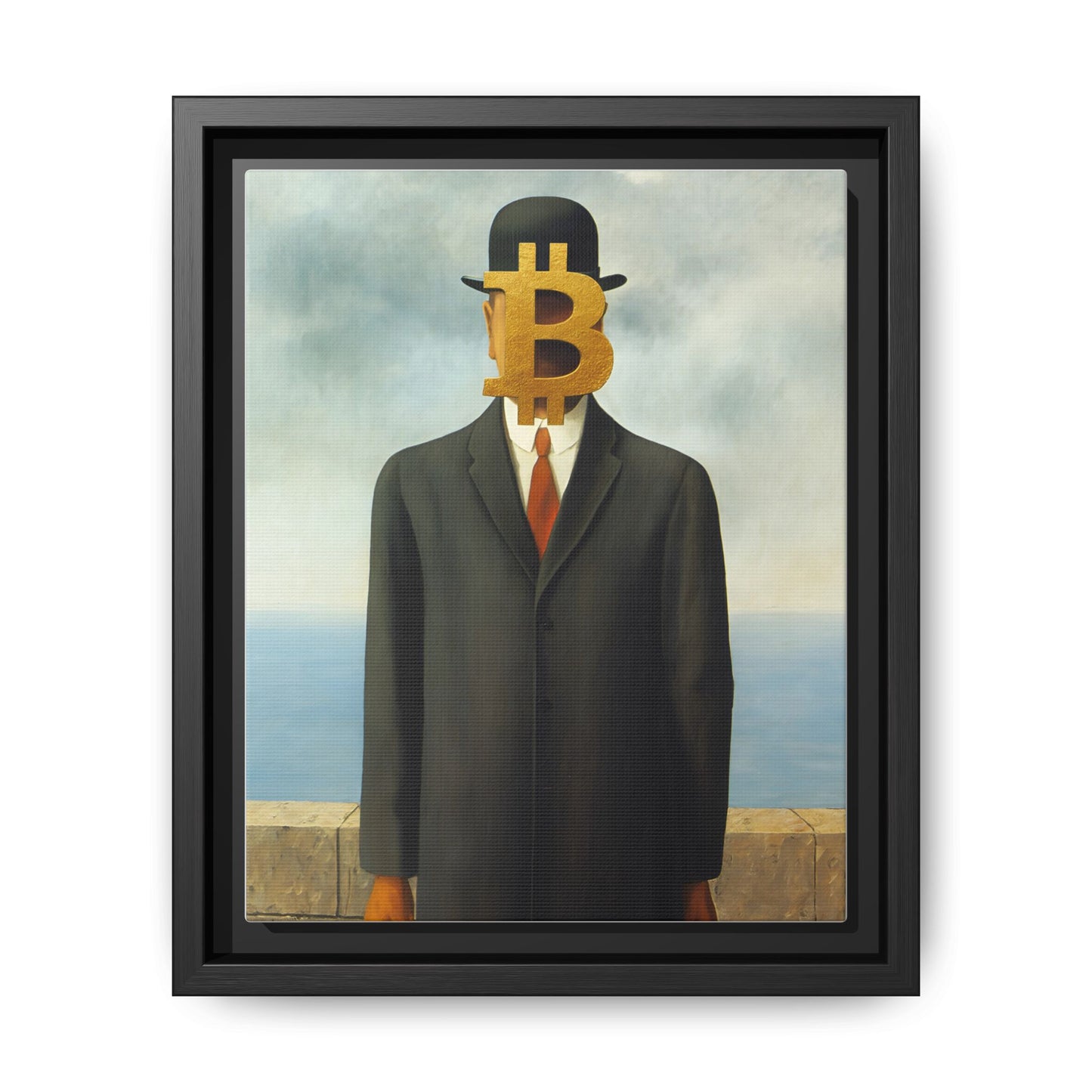 Bitcoin Surrealism Matte Framed Canvas Print — Man in Bowler with BTC Mask