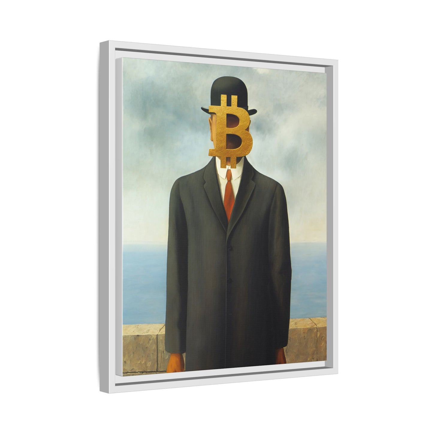 Bitcoin Surrealism Matte Framed Canvas Print — Man in Bowler with BTC Mask