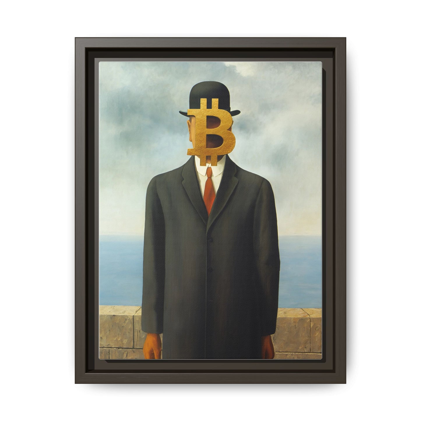 Bitcoin Surrealism Matte Framed Canvas Print — Man in Bowler with BTC Mask