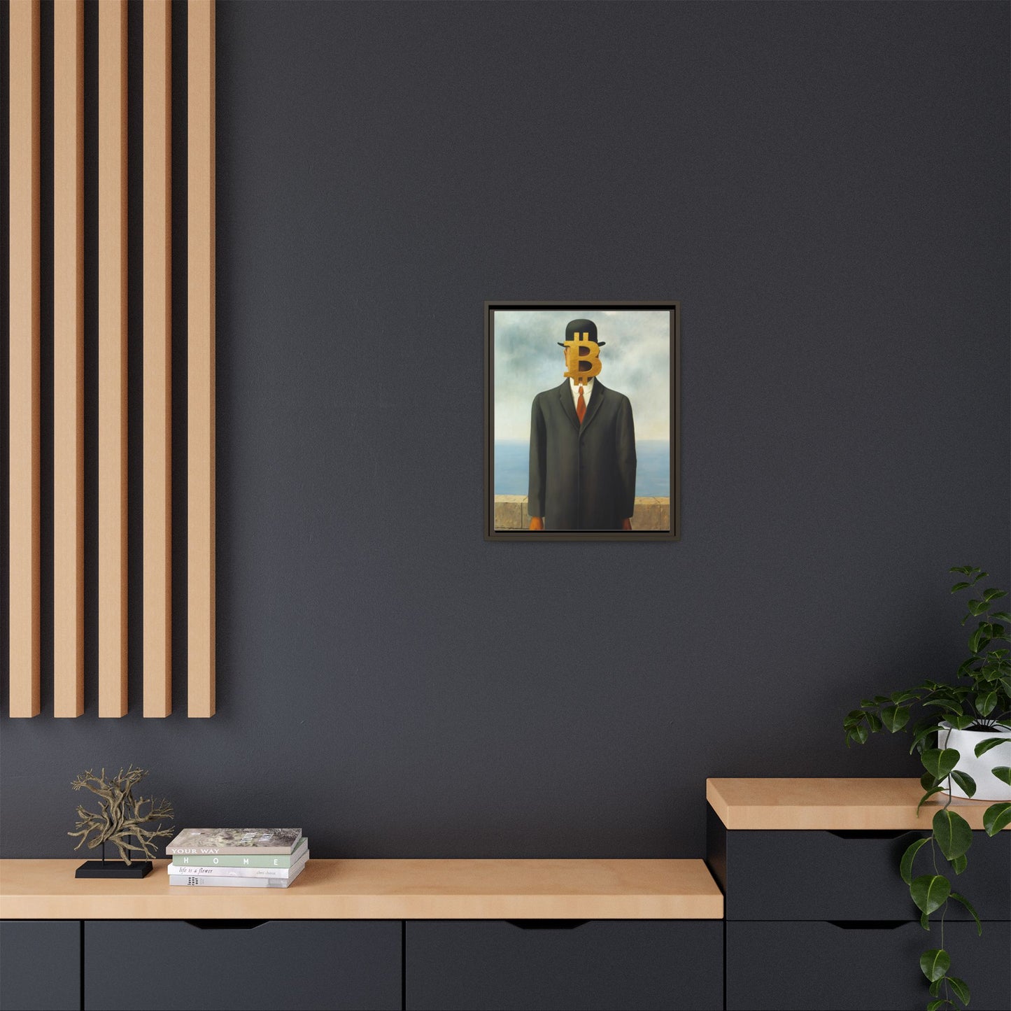 Bitcoin Surrealism Matte Framed Canvas Print — Man in Bowler with BTC Mask