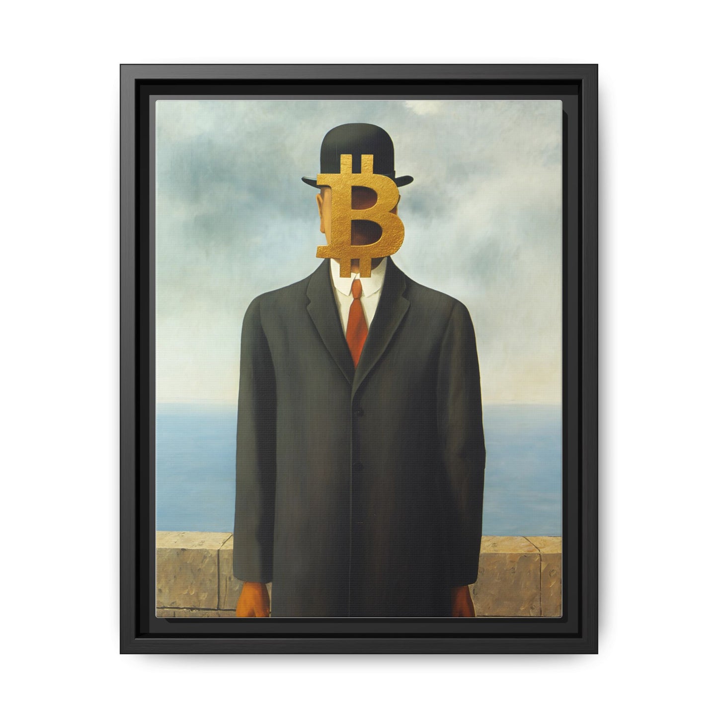 Bitcoin Surrealism Matte Framed Canvas Print — Man in Bowler with BTC Mask