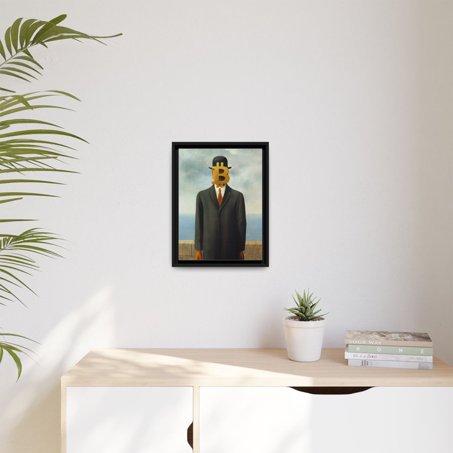 Bitcoin Surrealism Matte Framed Canvas Print — Man in Bowler with BTC Mask