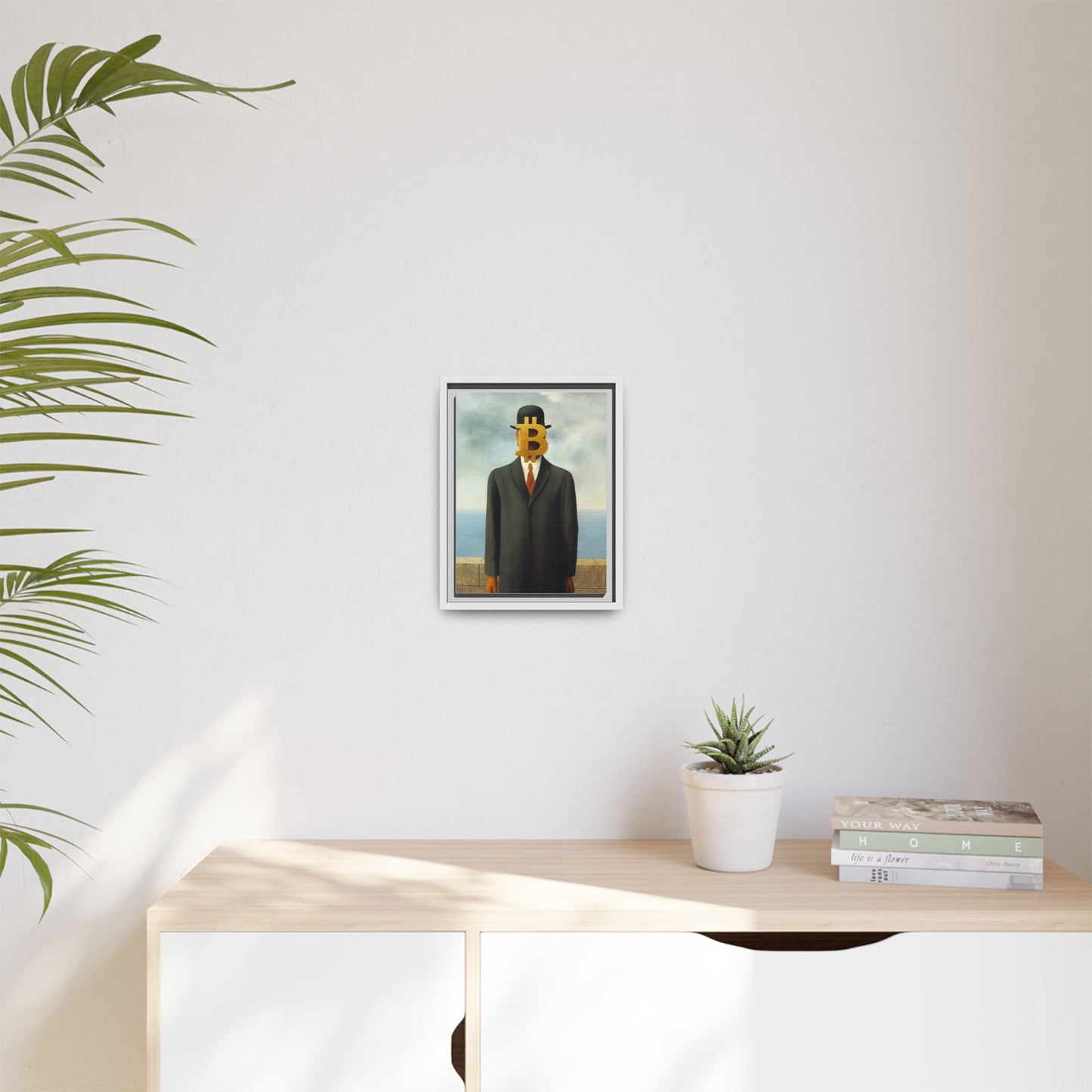 Bitcoin Surrealism Matte Framed Canvas Print — Man in Bowler with BTC Mask