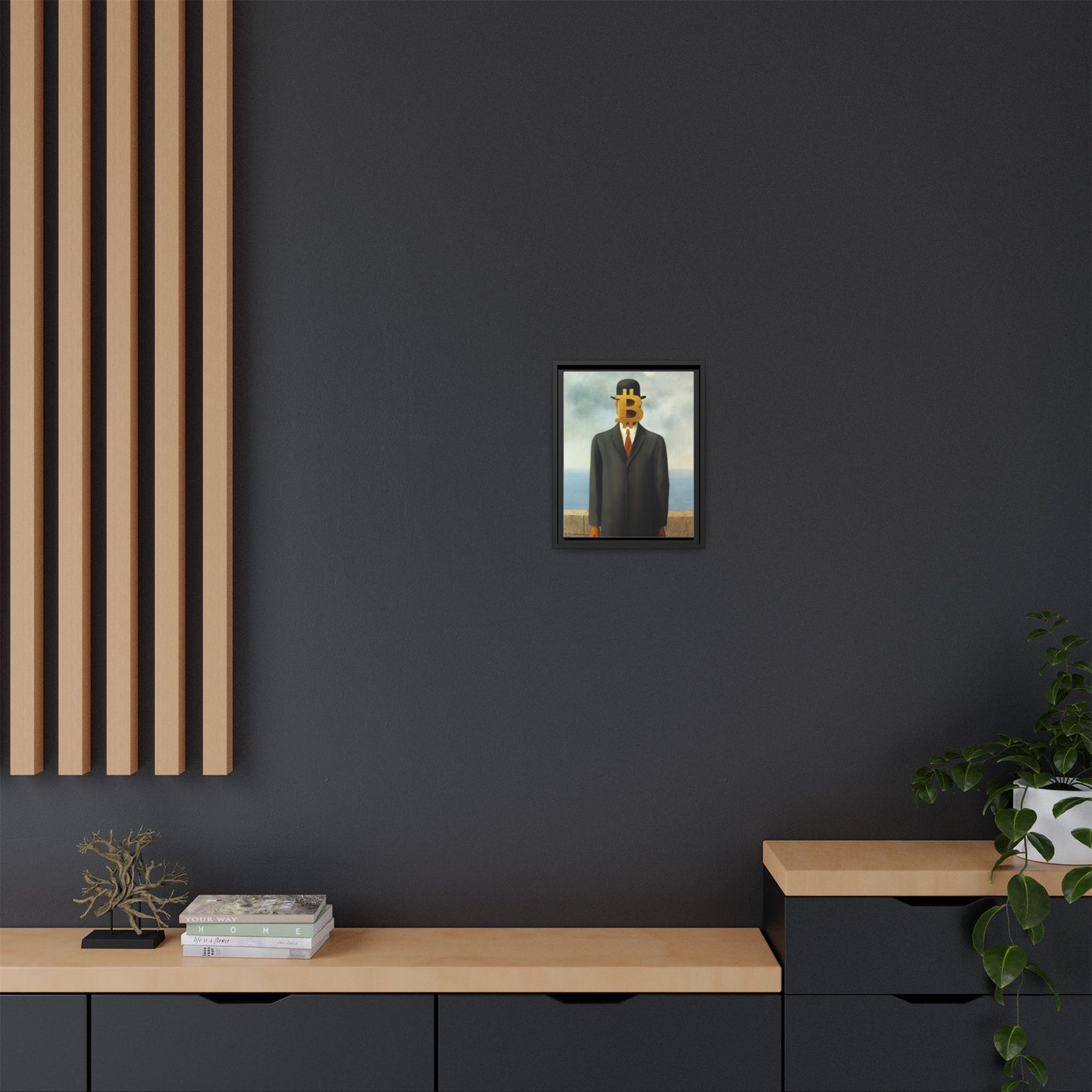 Bitcoin Surrealism Matte Framed Canvas Print — Man in Bowler with BTC Mask