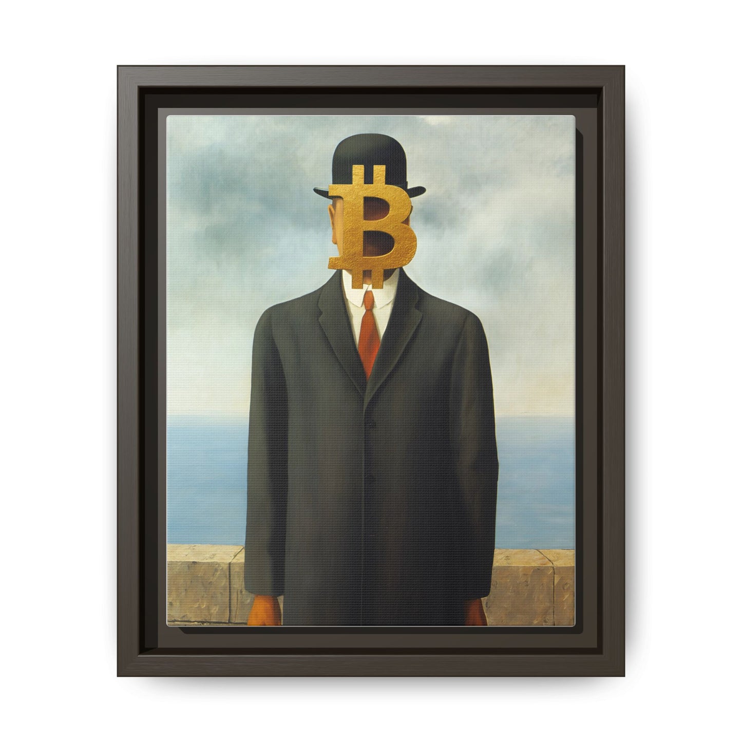 Bitcoin Surrealism Matte Framed Canvas Print — Man in Bowler with BTC Mask