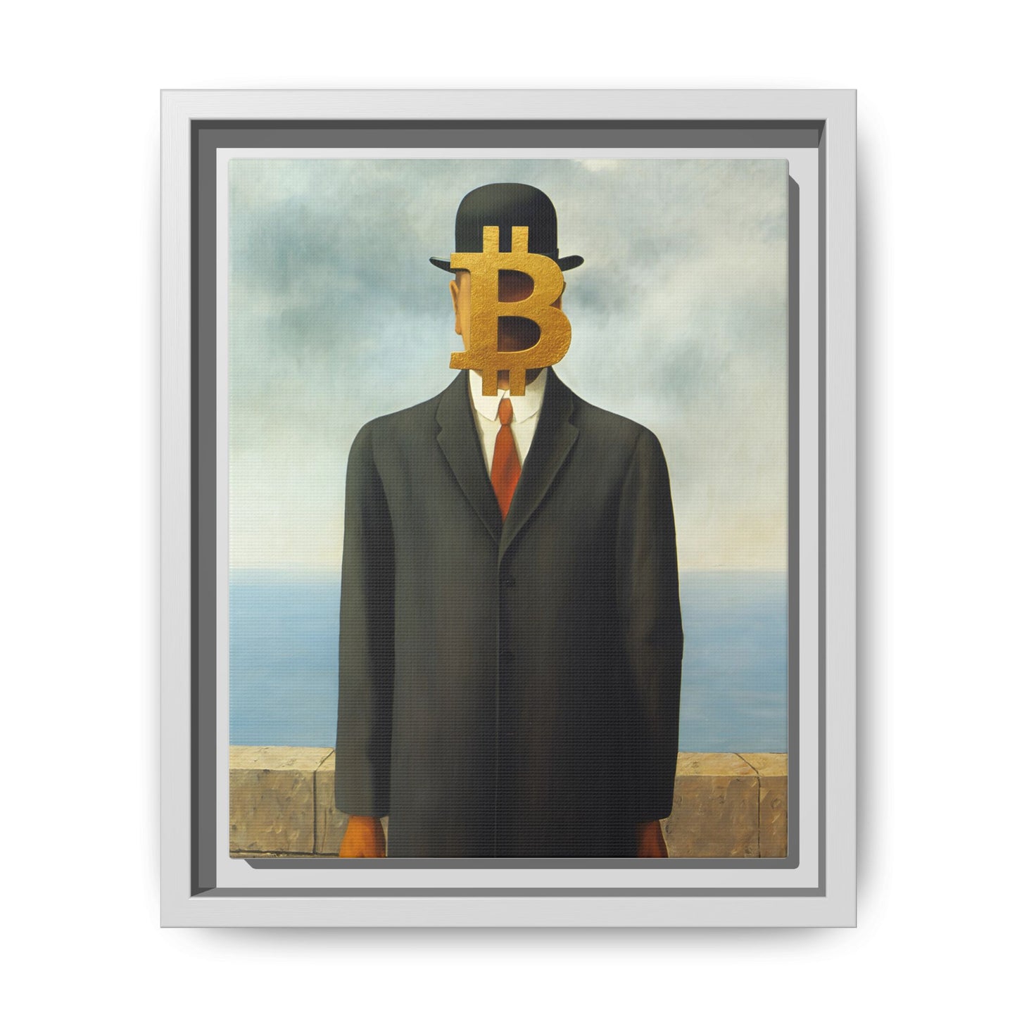 Bitcoin Surrealism Matte Framed Canvas Print — Man in Bowler with BTC Mask