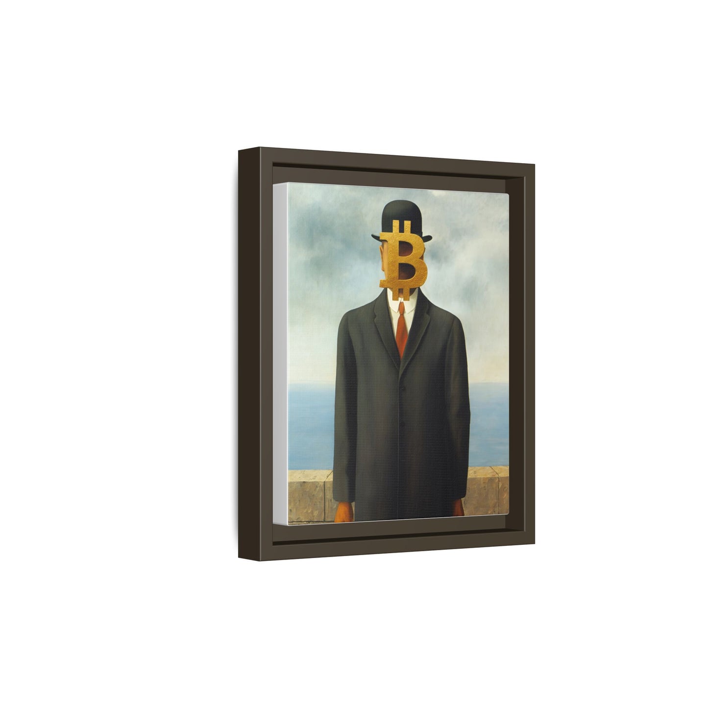 Bitcoin Surrealism Matte Framed Canvas Print — Man in Bowler with BTC Mask