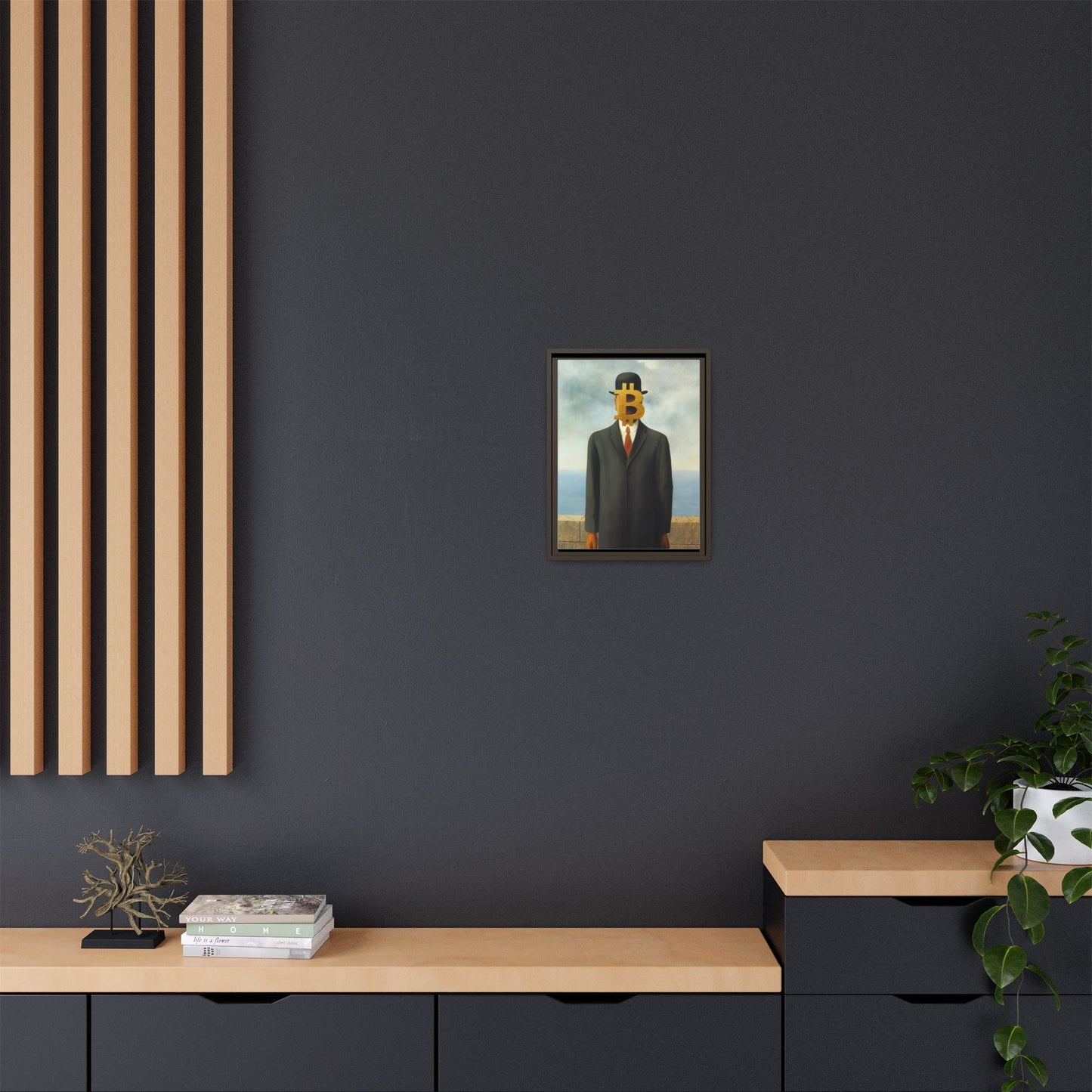 Bitcoin Surrealism Matte Framed Canvas Print — Man in Bowler with BTC Mask