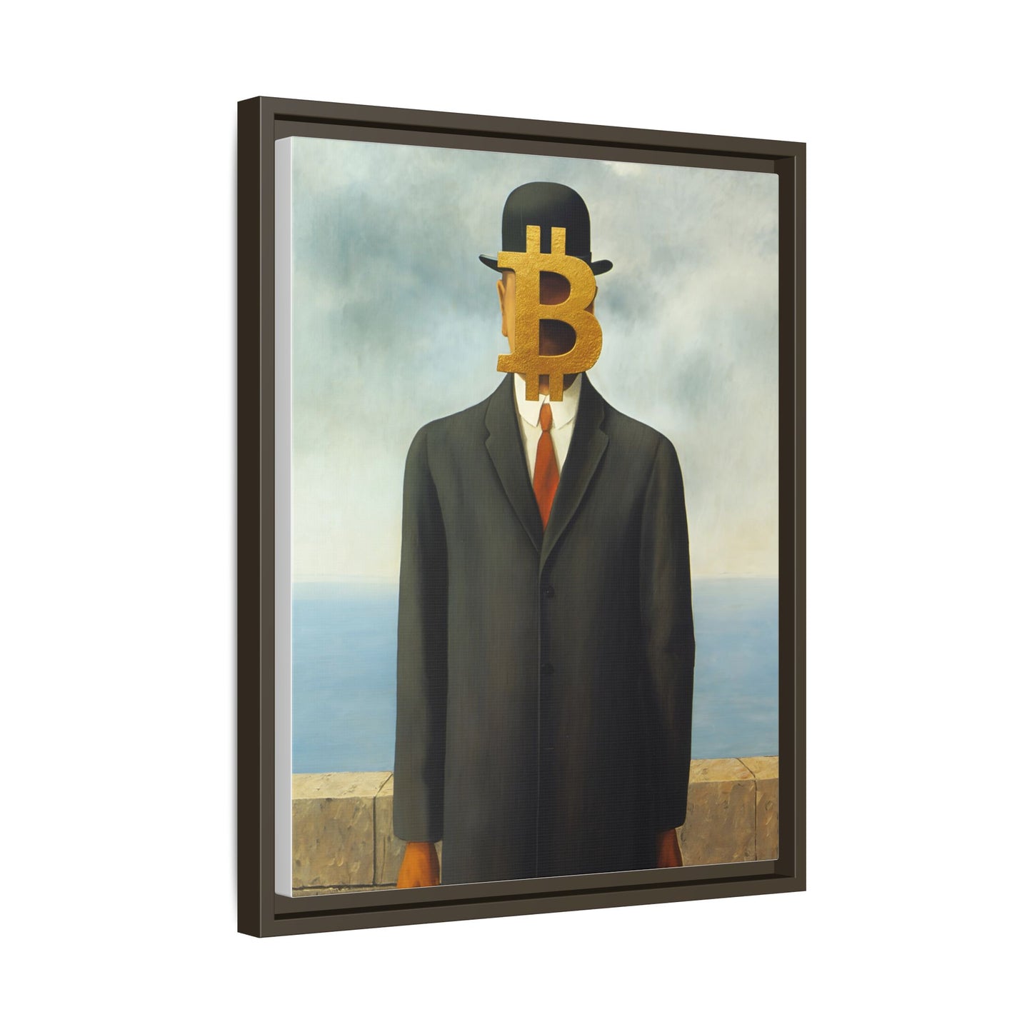 Bitcoin Surrealism Matte Framed Canvas Print — Man in Bowler with BTC Mask