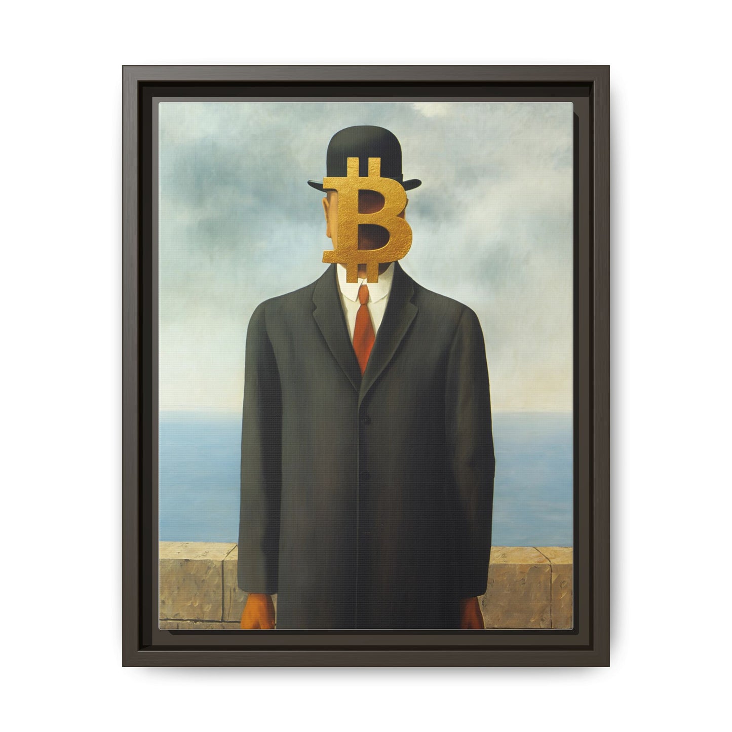 Bitcoin Surrealism Matte Framed Canvas Print — Man in Bowler with BTC Mask