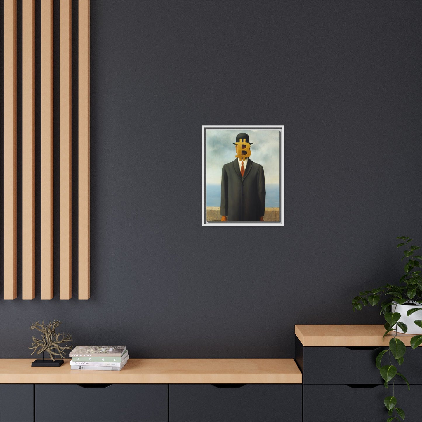Bitcoin Surrealism Matte Framed Canvas Print — Man in Bowler with BTC Mask