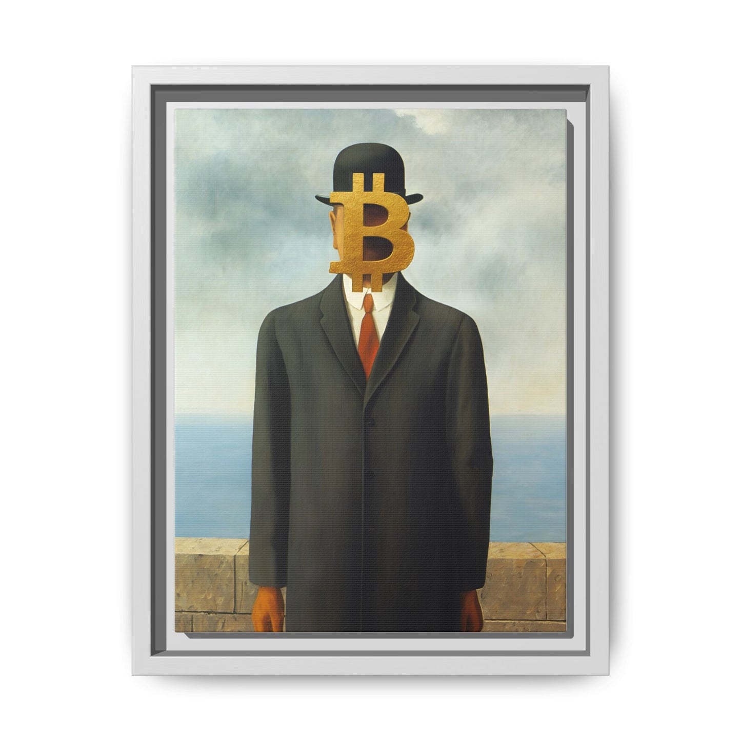 Bitcoin Surrealism Matte Framed Canvas Print — Man in Bowler with BTC Mask