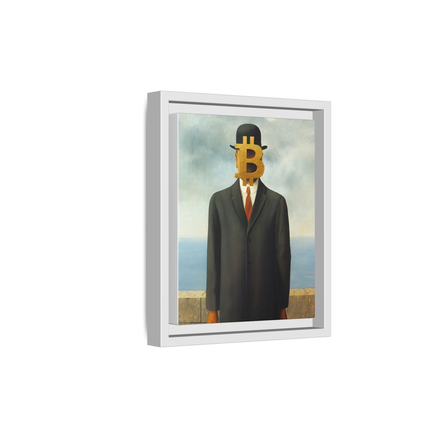 Bitcoin Surrealism Matte Framed Canvas Print — Man in Bowler with BTC Mask