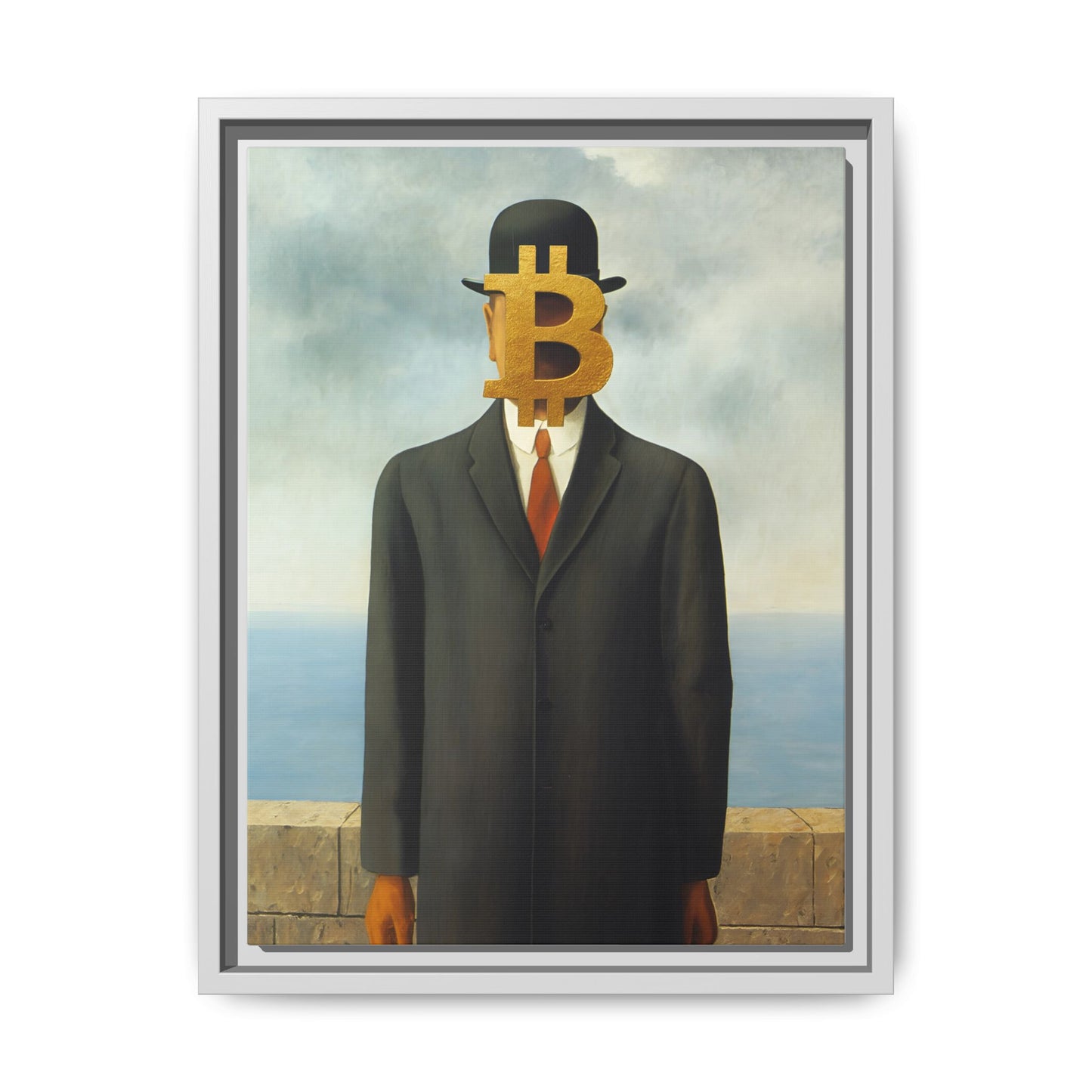 Bitcoin Surrealism Matte Framed Canvas Print — Man in Bowler with BTC Mask
